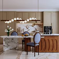 Modern Dining Room Interior With Marble Countertop Wooden Cabinets Pendant Lights And Vase With Flowers