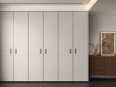 Modern Wardrobe With Sleek White Doors And Metal Handles In Minimalist Interior 3d model
