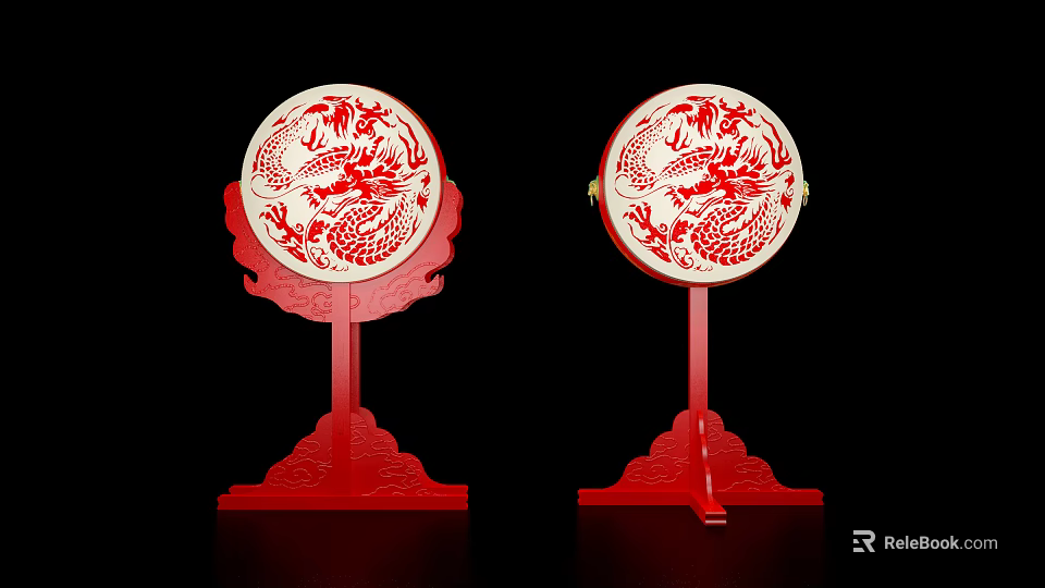 Traditional Chinese Musical Instruments With Circular Design Painted Dragon Patterns On Red Stands 3d model 