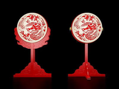 Traditional Chinese Musical Instruments With Circular Design Painted Dragon Patterns On Red Stands 3d model