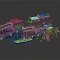 Vintage Wooden Boats With Canopies And Scattered Stone Debris Pieces