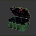 Green Storage Box With Open Lid Red Straps Black Interior And Blue Label 3d model