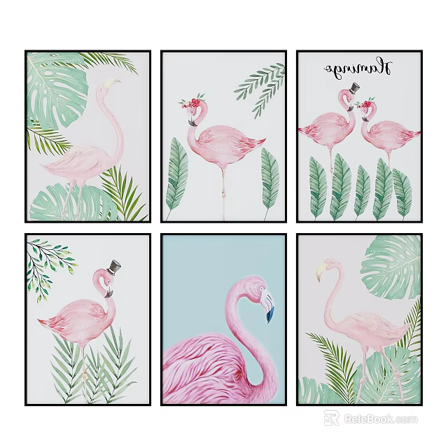 Vibrant Pink Flamingo Animal Paintings With Tropical Leaves Various Poses And Soft Backgrounds 3d model 