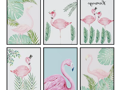 Vibrant Pink Flamingo Animal Paintings With Tropical Leaves Various Poses And Soft Backgrounds 3d model
