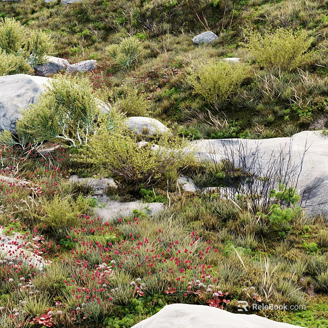 Green Shrubs Growing Among Large Rocks And Red Flowers In Natural Landscape 3d model 