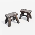 Two Vintage Wooden Stools with Worn Surface on White Background 3d model