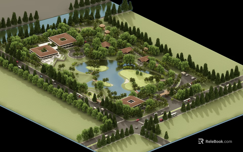 Serene Detached Villas Surrounded By Lush Trees Pond Green Area And Roads 3d model 