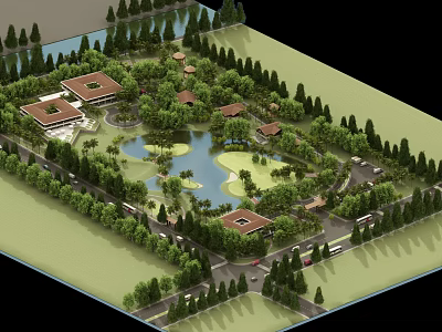 Serene Detached Villas Surrounded By Lush Trees Pond Green Area And Roads 3d model