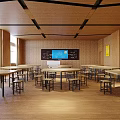 School Spacious Classroom With Wooden Walls Large Windows And Neatly Arranged Tables Chairs