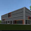 Modern Office Building With Large Glass Windows White Brown Facade Green Lawn And Trees