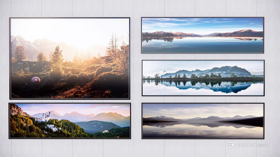 Stunning Landscape Paintings Featuring Mountain Lake Forest Sunrise Reflective Water And Natural Scenery 3d model 