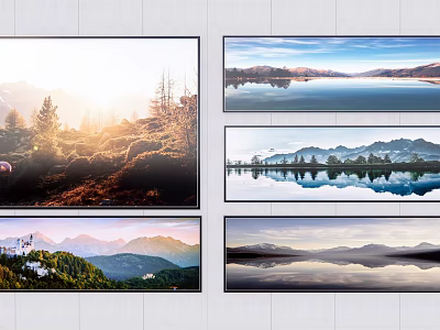 Stunning Landscape Paintings Featuring Mountain Lake Forest Sunrise Reflective Water And Natural Scenery 3d model