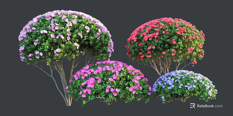 Vibrant Flowering Shrubs Featuring Pink Red Purple And Blue Blooms With Green Foliage 3d model 