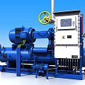 Blue Industrial Equipment Compressor Unit With Pipes Control Panel And Valve Handle