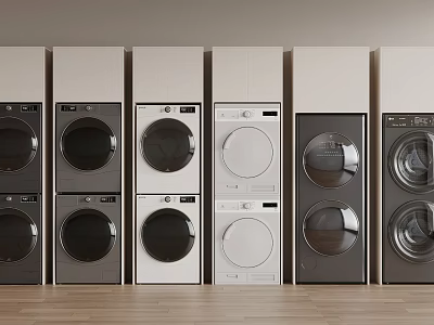 Multiple Front Loading Washing Machines In Row With White Black And Gray Colors 3d model