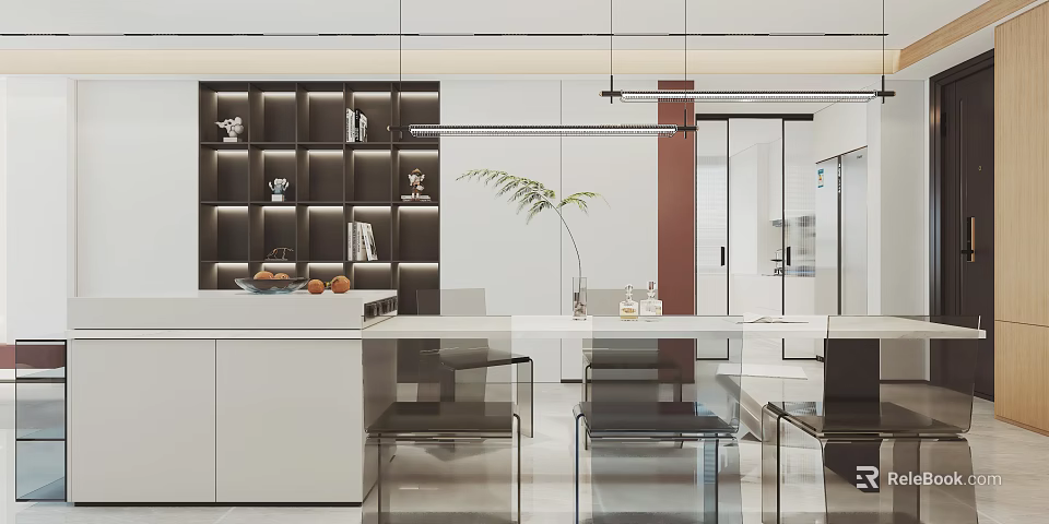 Modern Dining Living Room Interior With Open Layout Dining Table Chairs And Cabinets 3d model