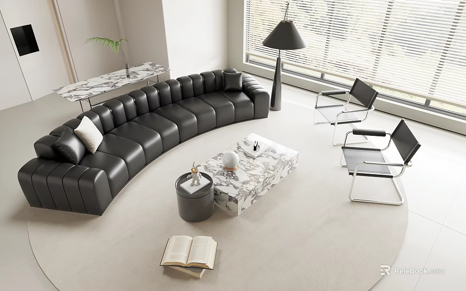 Black Curved Leather Sofa And Marble Coffee Table Set In Modern Living Room With Soft Rug 3d model 
