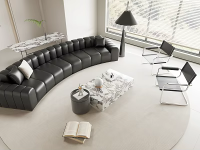Black Curved Leather Sofa And Marble Coffee Table Set In Modern Living Room With Soft Rug 3d model