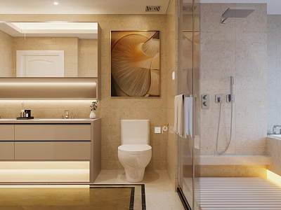 Modern Bathroom Interior Design With Backlit Mirror Vanity Glass Shower Enclosure Toilet And Decor 3d model