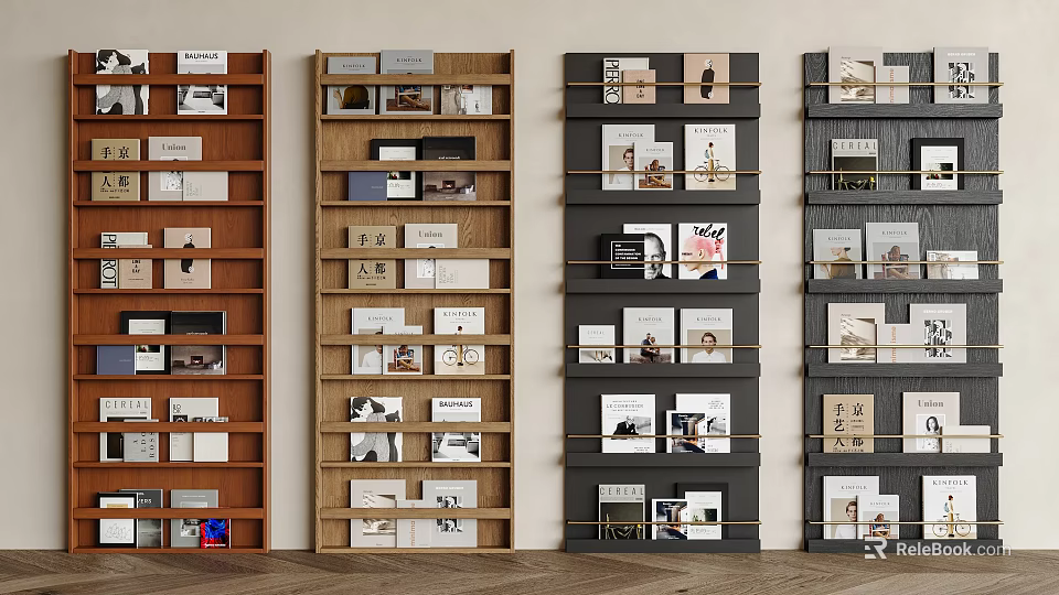Modern Interior Design Wooden Bookcase With Open Shelves And Decorative Books 3d model 