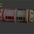 Shiny Metallic Cylindrical Tech Component With Red Panels And Silver Rings