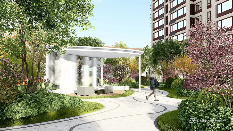 Garden Landscape Design With Modern Pavilion Curved Pathway Lush Greenery Near High Rise Building 3d model 