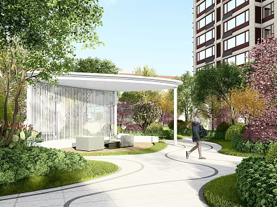 Garden Landscape Design With Modern Pavilion Curved Pathway Lush Greenery Near High Rise Building 3d model