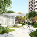 Garden Landscape Design With Modern Pavilion Curved Pathway Lush Greenery Near High Rise Building