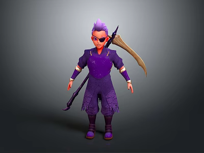 Cartoon Character With Purple Hair Sunglasses And Purple Outfit Holding Scythe 3d model