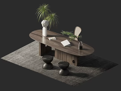 Modern Wooden Desk with Potted Plants Vase Mirror and Stools on Rug 3d model