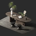 Modern Wooden Desk with Potted Plants Vase Mirror and Stools on Rug