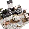 Modern Black Leather Sofa And Round Coffee Table Set With Decorative Pillows Armchair And Potted Plant