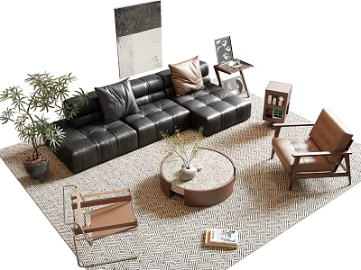 Modern Black Leather Sofa And Round Coffee Table Set With Decorative Pillows Armchair And Potted Plant 3d model
