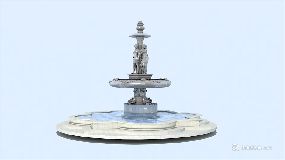 Ornate Garden Ornament With Multi Tiered Fountain Statue And Circular Water Basin 3d model 