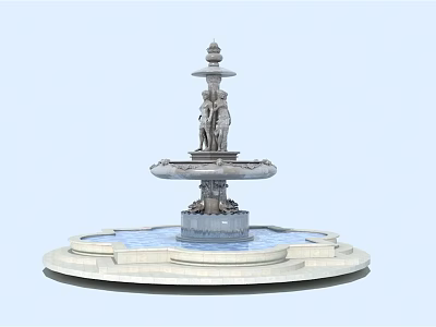 Ornate Garden Ornament With Multi Tiered Fountain Statue And Circular Water Basin 3d model
