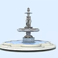 Ornate Garden Ornament With Multi Tiered Fountain Statue And Circular Water Basin