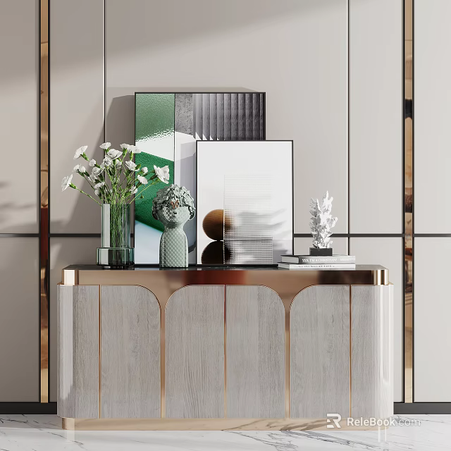 Modern Entryway Console Cabinet With Wooden Body Gold Trim Green Plants And Framed Art Decor 3d model 