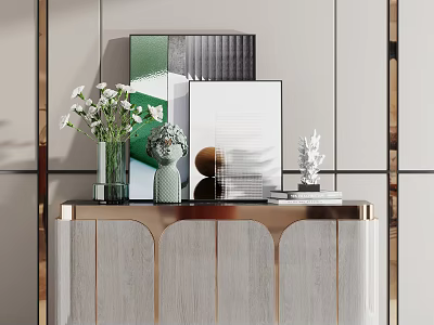 Modern Entryway Console Cabinet With Wooden Body Gold Trim Green Plants And Framed Art Decor 3d model
