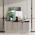 Modern Entryway Console Cabinet With Wooden Body Gold Trim Green Plants And Framed Art Decor