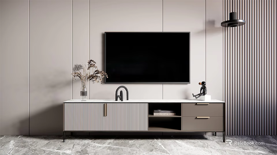 Modern TV Stand Design With TV Storage Drawers Vase Flowers And Decorative Figurine 3d model 