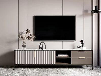 Modern TV Stand Design With TV Storage Drawers Vase Flowers And Decorative Figurine 3d model