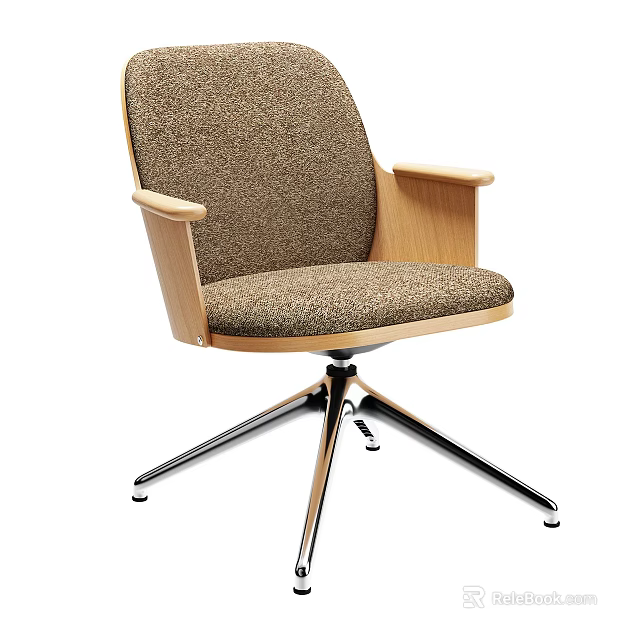 Comfortable Office Chair With Wooden Armrests Fabric Seat And Metal Swivel Base 3d model 