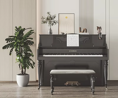 Elegant Black Piano Displaying Music Sheet and Art Supplies with Green Plant Vase and Decorations 3d model