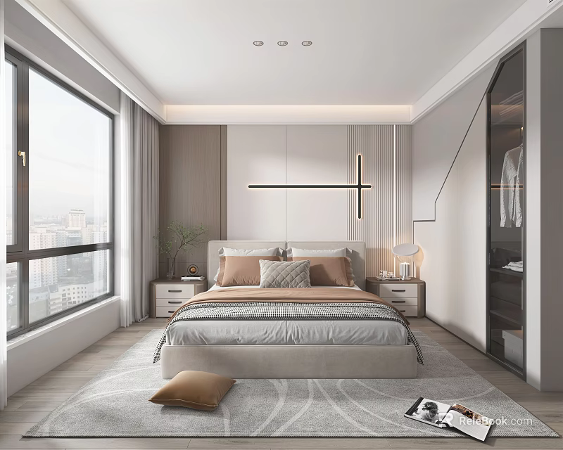 Modern Bedroom Interior Design With Large Windows City View Bed Pillows Nightstands And Rug 3d model 