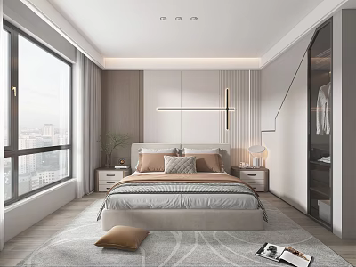 Modern Bedroom Interior Design With Large Windows City View Bed Pillows Nightstands And Rug 3d model