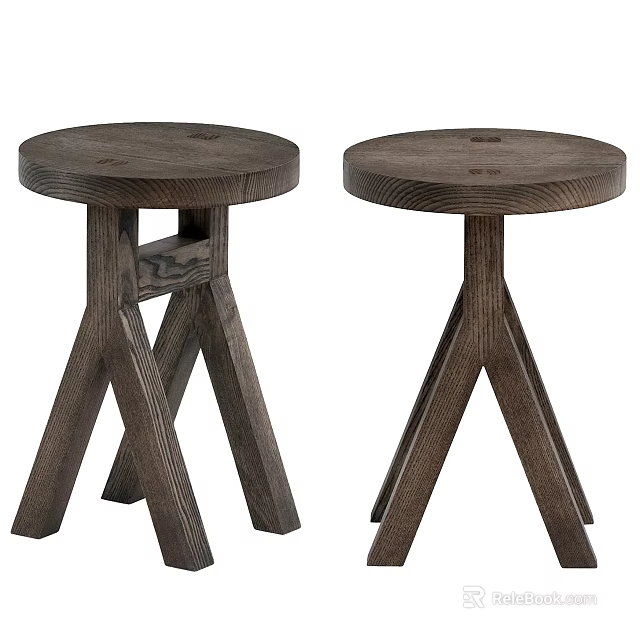 Wooden Round Seat Stools With Crossed Legs Simple Design Set Of Two 3d model 