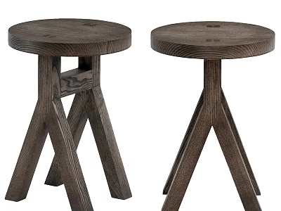 Wooden Round Seat Stools With Crossed Legs Simple Design Set Of Two 3d model