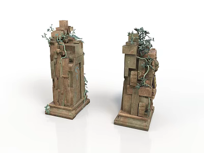 Ancient Stone Pillars Decorative Scene Components With Climbing Vines And Weathered Texture 3d model