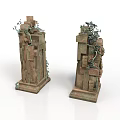 Ancient Stone Pillars Decorative Scene Components With Climbing Vines And Weathered Texture