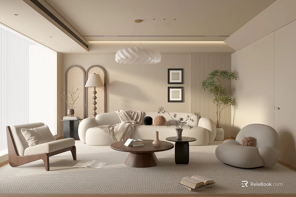 Elegant Modern Living Room With Beige Sofa Round Coffee Table Pendant Light And Green Plant 3d model 